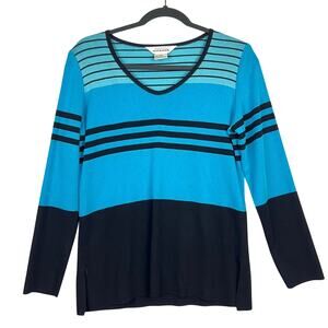 Misook Women's Small Turquoise Black Acrylic Knit Long Sleeve V Neck Sweater